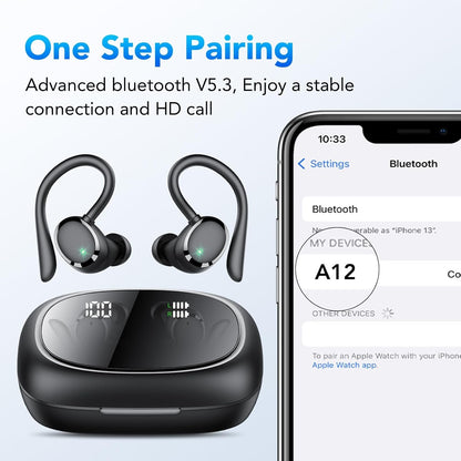 Wireless Earbuds, Bluetooth 5.3 Headphones with Earhook, 72Hrs Playtime, Deep Bass, 4 ENC Noise Cancelling Mic, IP7 Waterproof, LED Display, Over Ear Buds for Workout, Travel, Black