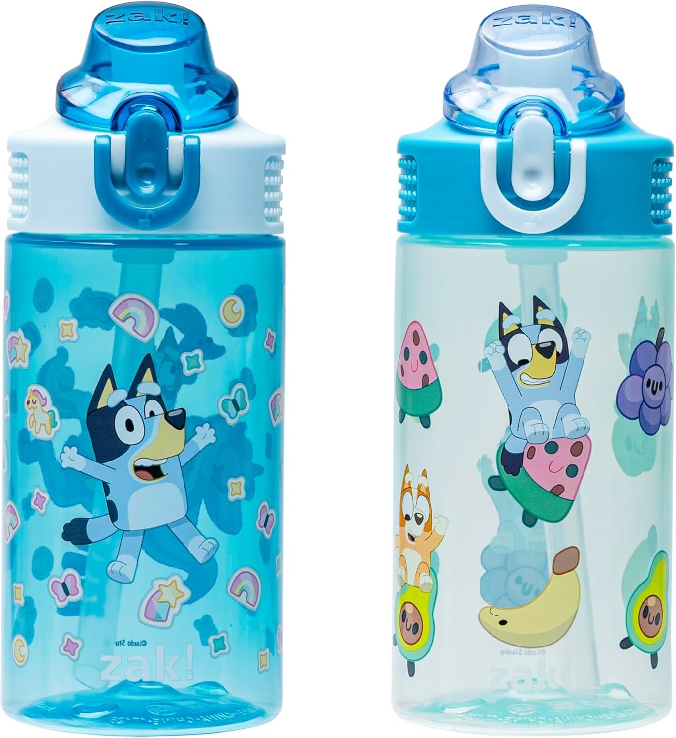 Zak Designs Bluey Kids Water Bottle for School or Travel, 16oz Durable Plastic Water Bottle with Straw, Handle, and Leak-Proof, Pop-Up Spout Cover, 2-Pack Set (Bluey & Bingo)