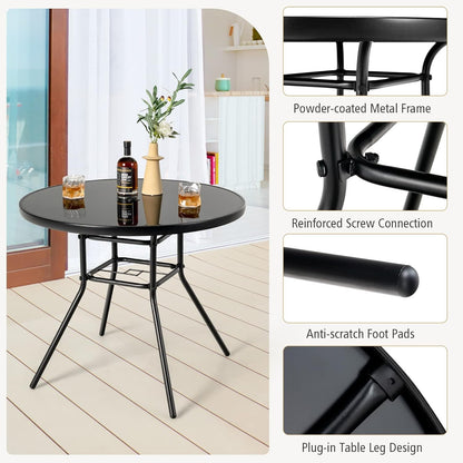 HAPPYGRILL 34" Outdoor Bistro Table, Patio Dining Table with 1.5” Umbrella Hole, Silkscreen Glass Tabletop, Metal Frame, Round Side Table Conversation Coffee Table for Patio Garden Backyard Poolside