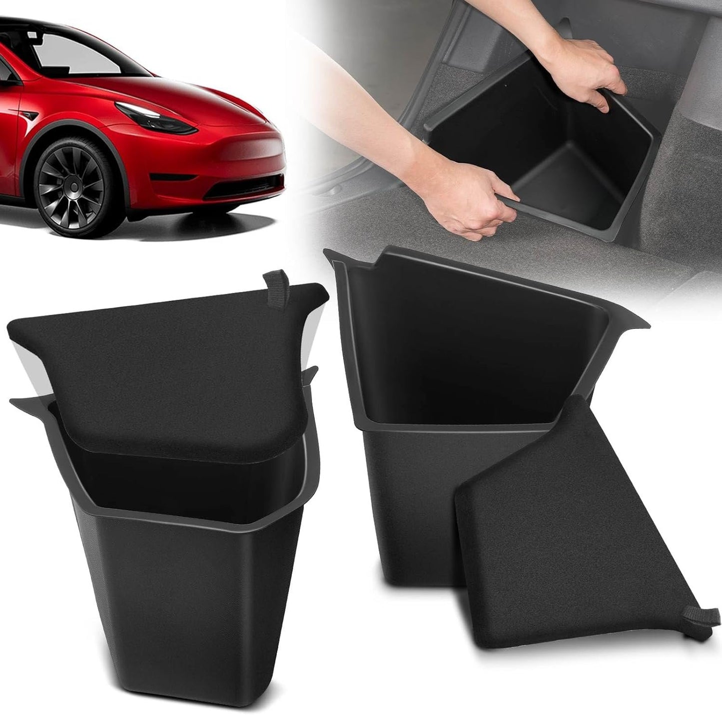 YHTAUTO 2 Pcs Trunk Side Organizer Storage Box with Lids Fit for Tesla Model Y Accessories 2022 2023 2024 Rear Trunk Storage Bins Flocking Waterproof Odorless (For 5-Seater, Not For 7-seat)