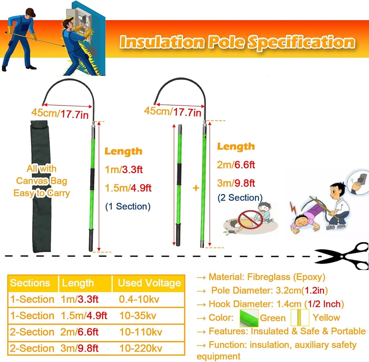Generisch Gancio di riserva isolato ad alta voltaggio – Non Conductive Electrical Safety Lifesaving Pole, Isolated Rescue Bar for Body Pulling and Emergency Response, Commercial Use Safety Tool