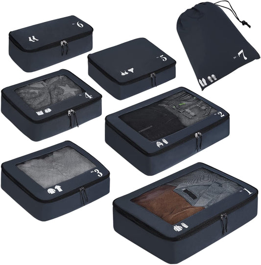 ECOHUB Organizer Suitcases 7 Pieces Packing Cubes Kit Travel Kit Environmentally Friendly PET Travel Accessories Organizer Space-Saving Travel Shoe Holder Organizer Backpack (Dark Blue)