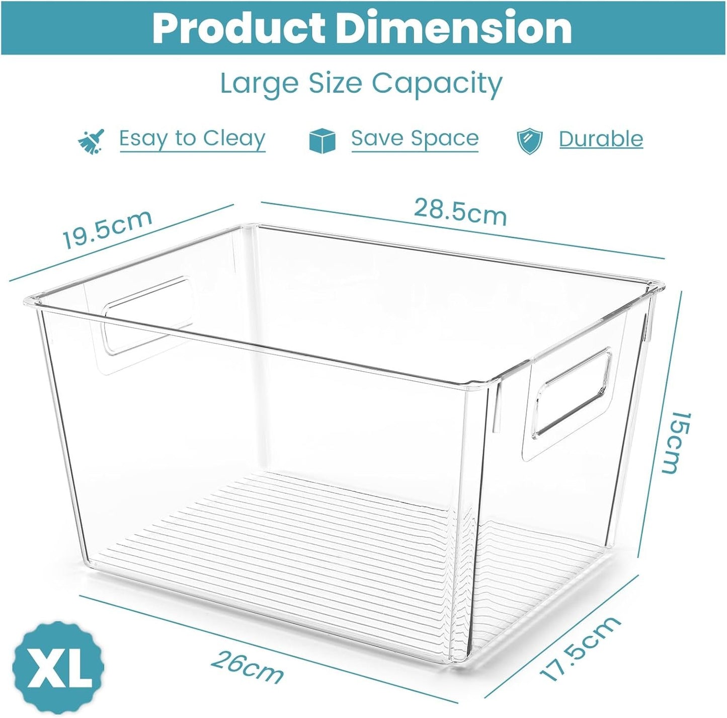 Feshory 4 Pack Extra Large Clear Pantry Storage Containers Organiser(XL) for Closet, Pantry, Under Sink, Bathroom - Plastic Storage Bins with Handle for Cupboard Kitchen & Home Organisation