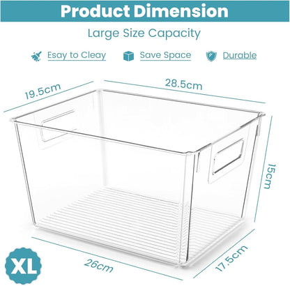 Feshory 4 Pack Extra Large Clear Pantry Storage Containers Organiser(XL) for Closet, Pantry, Under Sink, Bathroom - Plastic Storage Bins with Handle for Cupboard Kitchen & Home Organisation