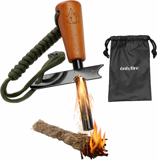 ONLYFIRE OUTDOOR LIVING Fire Starter Survival Tool, Ferro Rod Kit with Tinder Wick, Pouch, Waterproof Flint and Steel Fire Starter for Camping, Hiking and Backpacking Gear