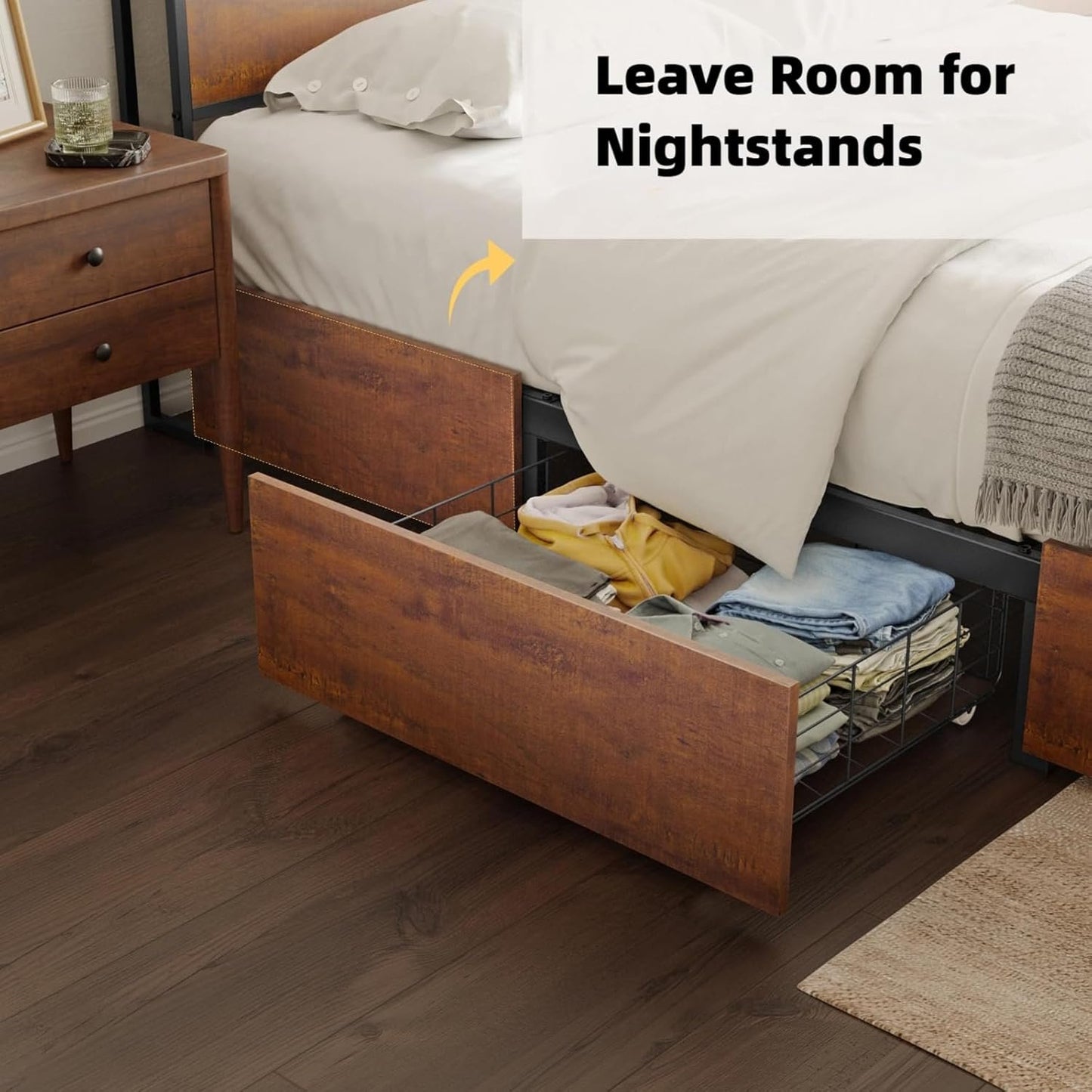 Bed Frame with Storage Headboard & 4 Drawers - LED Charging Station, Silent Metal Platform, No Box Spring Needed (Brown, Queen (U.S. Standard))