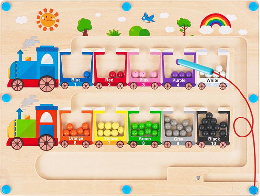 Montessori Toys for 2 Year Old, Magnetic Color and Number Maze, Wooden Toddler Magnet Puzzles for Kids Girls Boys 2-4 3-5, Magnetic Board Train Learning Toys Birthday Gifts