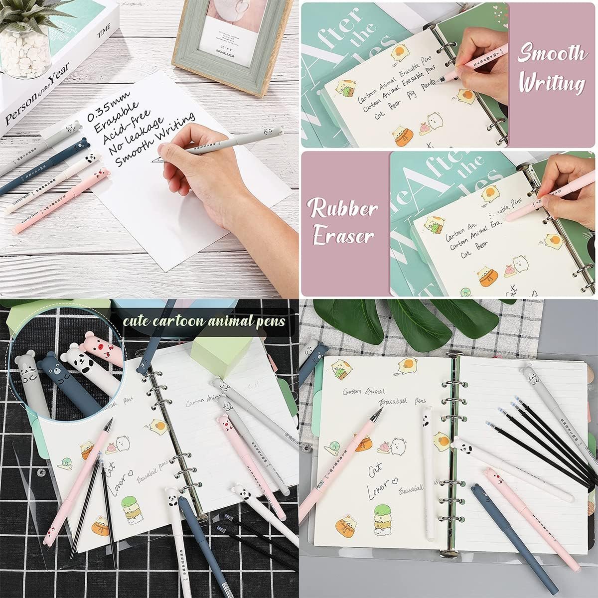 4pcs Erasable Gel Ink Pens Cute Kawaii Cartoon Cat Pig Bear Panda Animal Pen Ballpoint 0.35mm Black Ink Gel Pens Rollerball Pens Friction Pens for Student Kids Gift School Stationery Office Supplies
