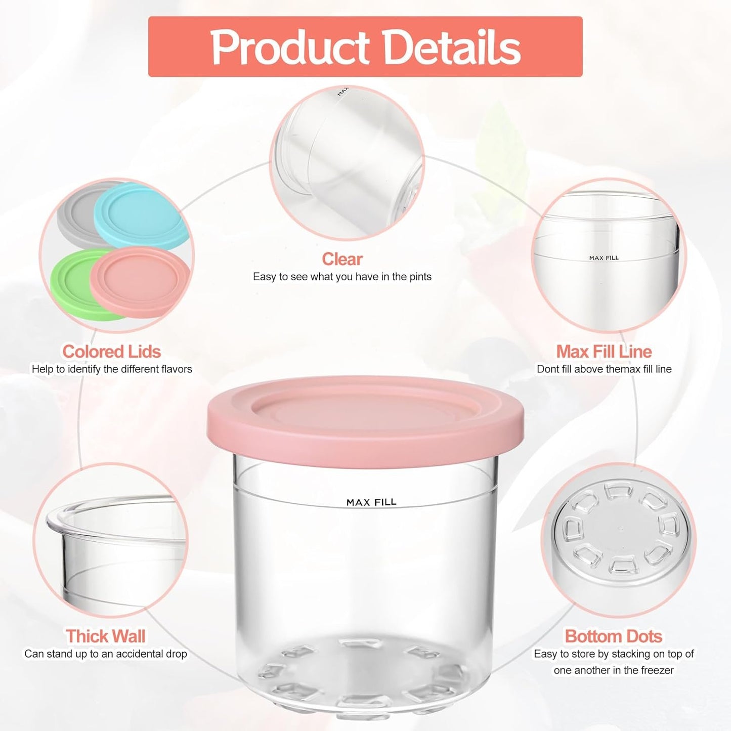 Containers Replacement for Ninja Creami Pints and Lids - 4 Pack, 16oz Cup Compatible with NC301 NC300 NC299AMZ Series Ice Cream Maker, BPA Free Dishwasher Safe Leak Proof