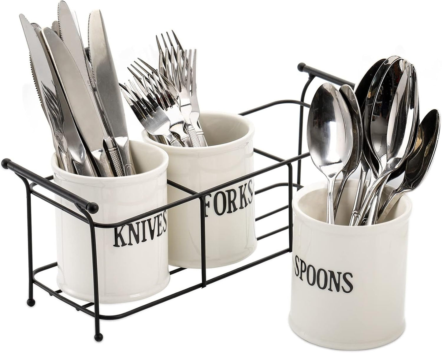 Bekith 3-Piece White Ceramic Silverware Caddy with Black Metal Rack, Utensil Holder Flatware Caddy Cutlery Storage Organizer for Kitchen Table, Cabinet or Pantry