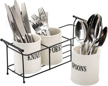 Bekith 3-Piece White Ceramic Silverware Caddy with Black Metal Rack, Utensil Holder Flatware Caddy Cutlery Storage Organizer for Kitchen Table, Cabinet or Pantry