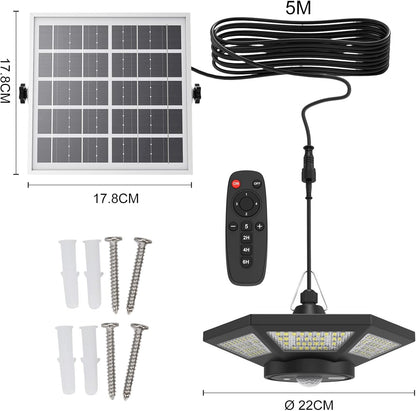Solar Shed Lights Indoor, ICOFRU Solar Powered Motion Sensor Light 5 Lighting Modes, Solar Pendant Light Outdoor with Remote Control Waterproof for Shed Gazebo Chicken Coop Barn Home Exterior Interior