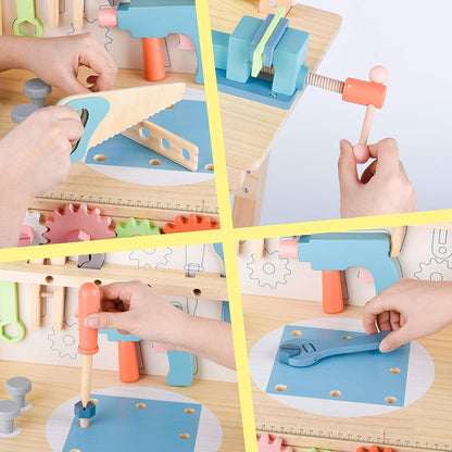 Tool Bench for Kids Toy Play Workbench Wooden Tool Bench Workshop Workbench with Tools Set Wooden Construction Bench Toy for 3 4 5 Year Old Boys Girls