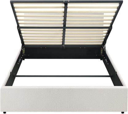 Oikiture Bed Frame Doubel Size Gas Lift Storage Base Boucle Fabric Material White