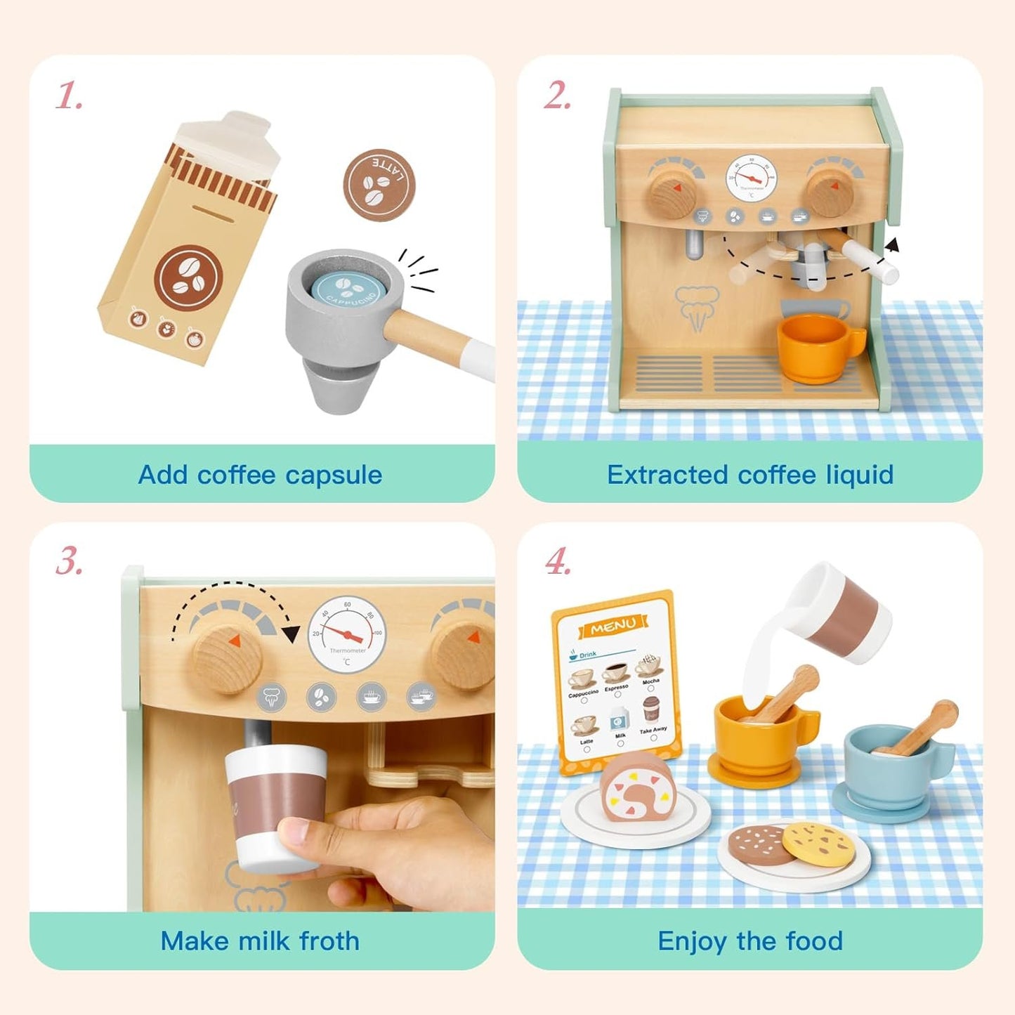 OOOK 2-in-1 Kids Wooden Toy Coffee Maker Playset, Toddler Pretend Play Kitchen Food Small Coffee Shop with 28 Pcs Play Kitchen Accessories for Girls & Boys