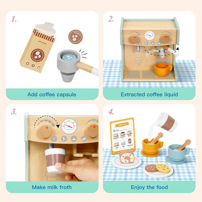 OOOK 2-in-1 Kids Wooden Toy Coffee Maker Playset, Toddler Pretend Play Kitchen Food Small Coffee Shop with 28 Pcs Play Kitchen Accessories for Girls & Boys