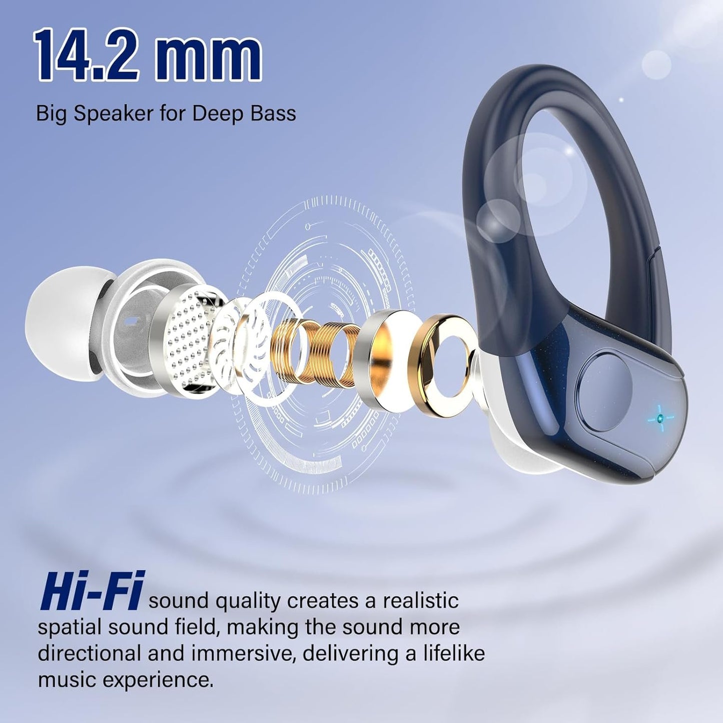 Wireless Earbuds, 75H Bluetooth 5.4 Headphones, Sport Wireless Earphones with 4 ENC Mic, Stereo Bass, IP7, Bluetooth Earbuds with Earhooks for Workout/Running/Work, Dual LED Display Ear buds,Deep Blue