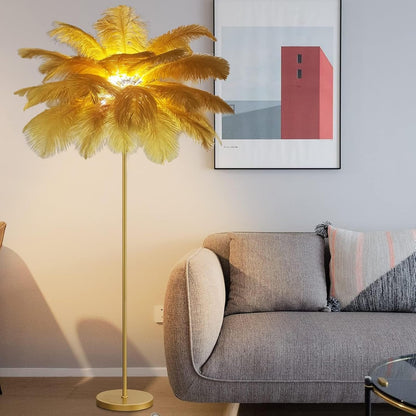 Floor Lamps for Living Room Bright Lighting with Feather Lampshade, Modern Ostrich Feather Floor Lamp with LED Bulbs Standing Lamp for Beroom, Office,Gold,Large