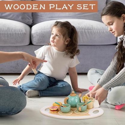 YUNCHY Tea Party Set for Kids Wooden Tea Set for Little Girl and Boy, Toddler Food Pretend Play Accessories Kitchen Playset Wooden Toys 3 4 5 Year Old Girl Christmas Birthday Gift