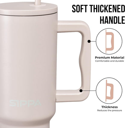 SIPPA Insulated Tumbler with Handle AKA Gobelet Isotherme, Double Wall Vacuum Tumbler with Straw and lid, Reusable Stainless Steel Water Bottle with Handle, Leak Proof Tumbler for Iced Coffee (Cream)