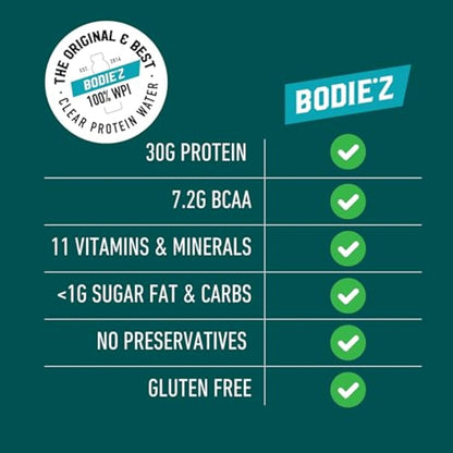 BODIE’Z Whey Protein Water Powder - 30g Protein Per Serve, Less than 1g Sugar Fat and Carbs, 11 Vitamins and Minerals, Supplement for Lean Muscle Growth and Recovery, Mix with Water, 1Kg Mixed Berry