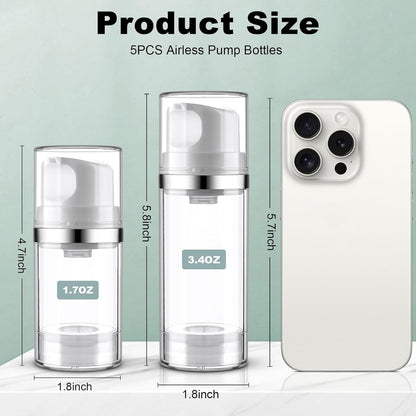 Decorniqu Airless Pump Jars 3.4oz/100ml 5 Pack Travel Pump Bottles for Lotion, Shampoo, Cream with Labels (Clear)