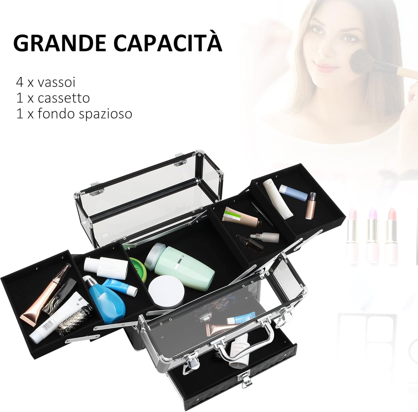 HOMCOM Professional Travel Makeup Case, Makeup Case with Removable Trays and Lock, for Women's Travel Makeup Beauty Case, 30 x 18.5 x 22 cm, Black
