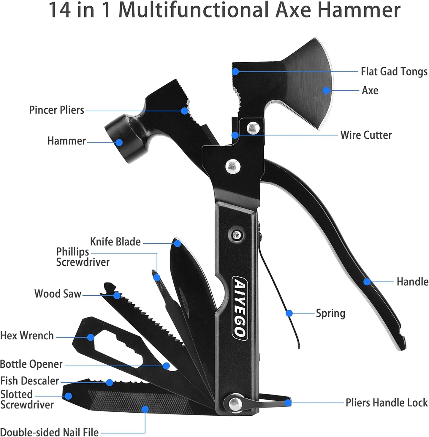 Multi-tool Axe Hammer, Upgraded 14 in 1 Portable Hatchet Tool with Sheath, Camping Survival Gear Kit Birthday Gifts Christmas Stocking Stuffers For Dad Father Grandpa Husband Son Boyfriend Him