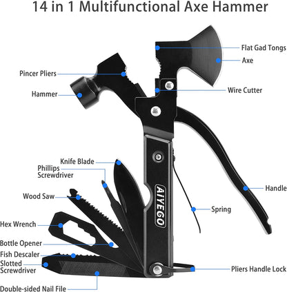 Multi-tool Axe Hammer, Upgraded 14 in 1 Portable Hatchet Tool with Sheath, Camping Survival Gear Kit Birthday Gifts Christmas Stocking Stuffers For Dad Father Grandpa Husband Son Boyfriend Him
