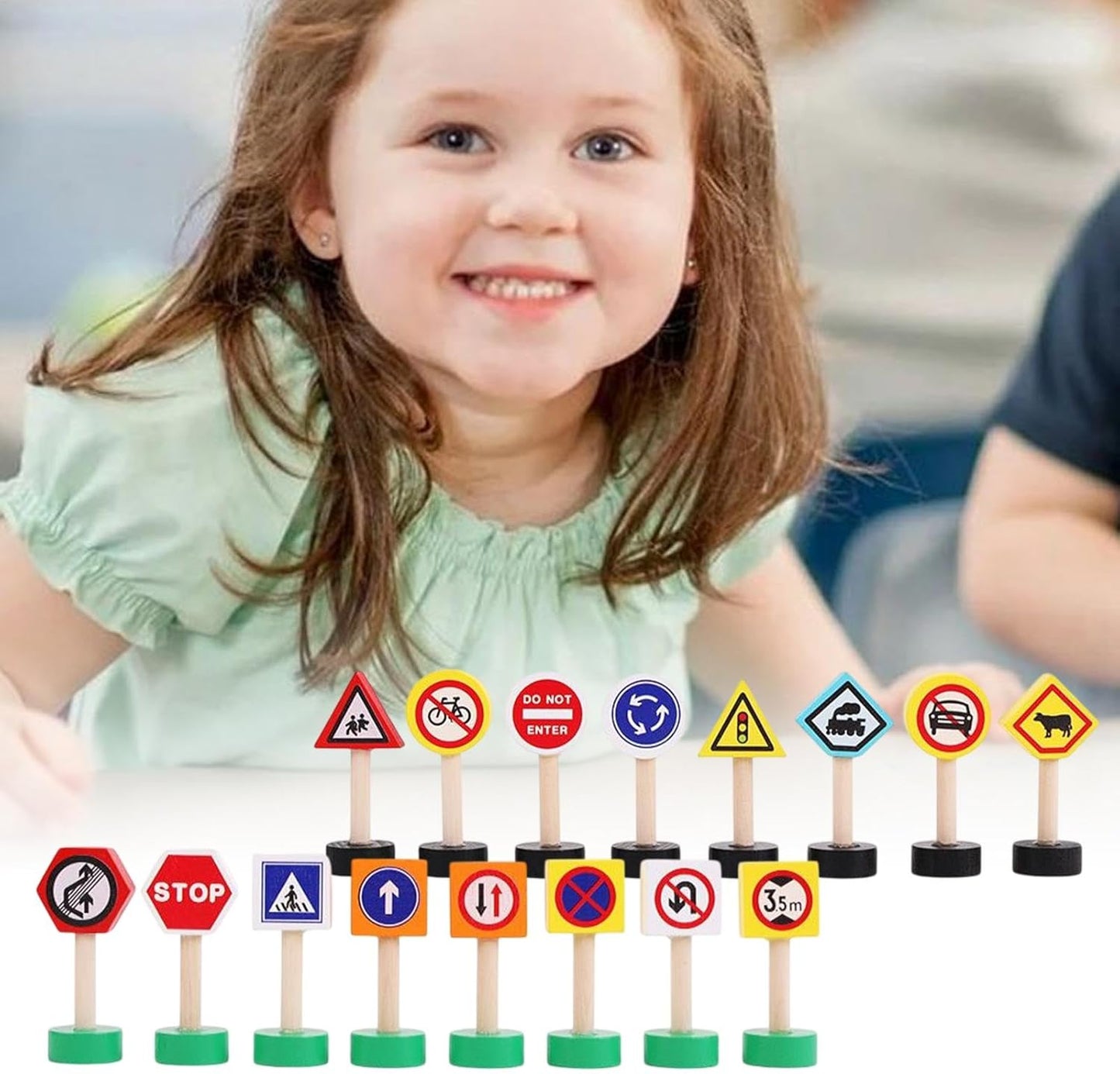 Kidstraffic Road Signs, 16x Street Traffic Signs Play Toy, Early Learning Game, Crosswalk Signal Blocks, Wooden Stop Safety Game For Education, 9.06x7.09x1.18 Inches