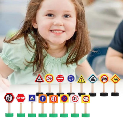 Kidstraffic Road Signs, 16x Street Traffic Signs Play Toy, Early Learning Game, Crosswalk Signal Blocks, Wooden Stop Safety Game For Education, 9.06x7.09x1.18 Inches