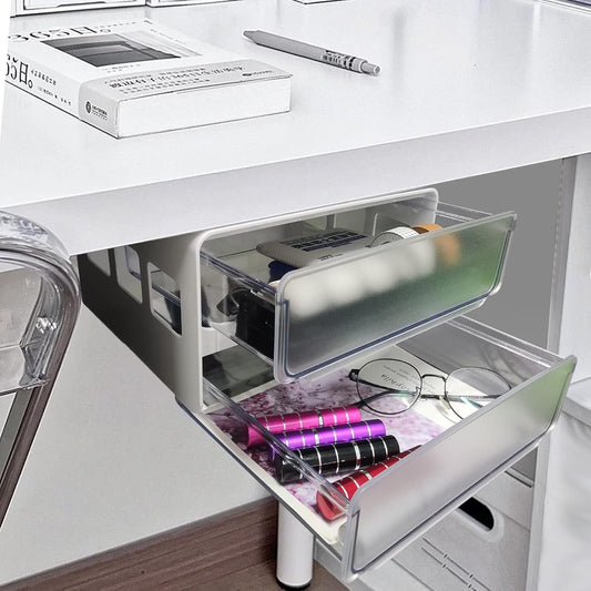RTUDOPUYT Desk Drawer Attachment, 2 Layers Under Desk Drawer Organizer Slide Out, Adhesive Drawer, Home Office Organization Plastic Desk Accessories & Workspace Organizers (white)