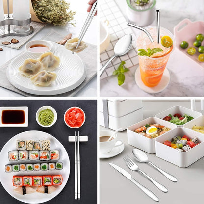 LIANYU 9-Piece Travel Utensils Silverware Set, Stainless Steel Knife Fork Spoon, Chopsticks, Metal Straws, Cleaning Brush, Wheat Case and Bag