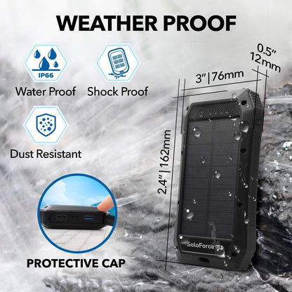 SoloForce Solar Power Bank - Solar Charger and Portable Battery with Portable Charger | QI Wireless Charger and Solar Charger for Cell Phone | 20000mAh Li-Po Solar Battery Charger