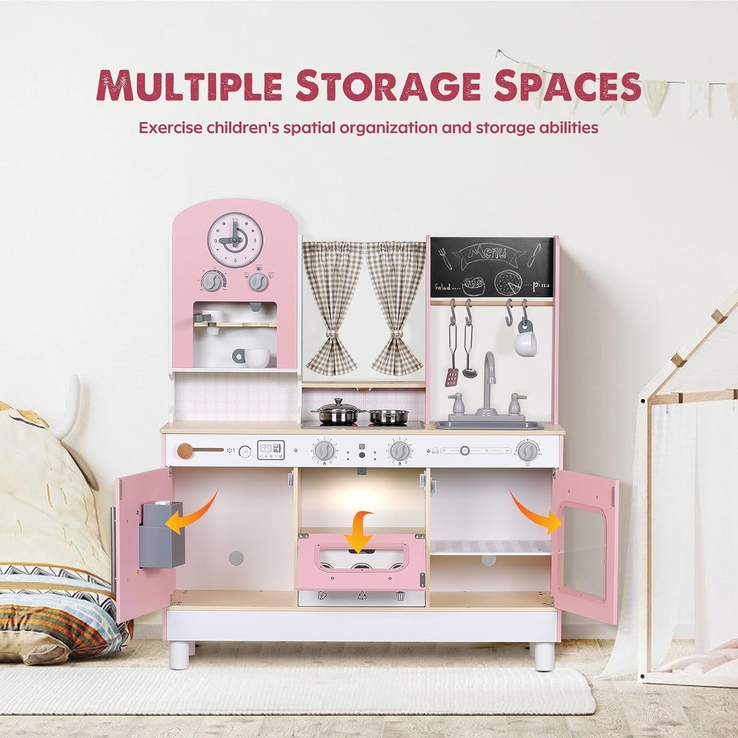 EDUBEBO Kids Kitchen playset, Wooden Play Kitchen, Height Adjustable, Comes with Various Kitchen Accessories, Ideal Role Play Toy Gift for Toddlers and Kids Ages 3-8 (Pink)