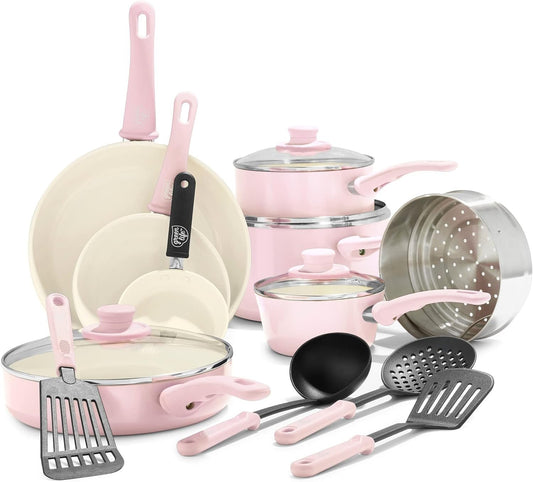 GreenLife Soft Grip Healthy Ceramic Nonstick, 16 pc Cookware Pots and Pans Set, PFAS-Free, Dishwasher Safe, Soft Pink