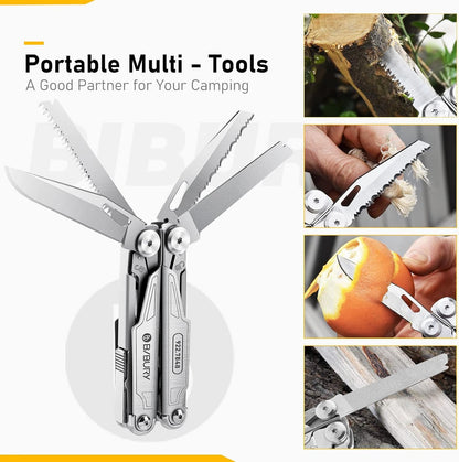 BIBURY Multitool Pliers,19-in-1 Pocket Multi-Tool w/Screwdriver Sleeve,Wire Cutters, Spring-Action Scissors & Nylon Sheath, Stainless Steel Multi-Plier for Survival, Camping, Hunting,Fishing & Hiking