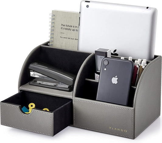 Vlando Professional Desk Organizer with Drawer, Office Supplies, 5 Compartment Desktop Storage Holder, Gray