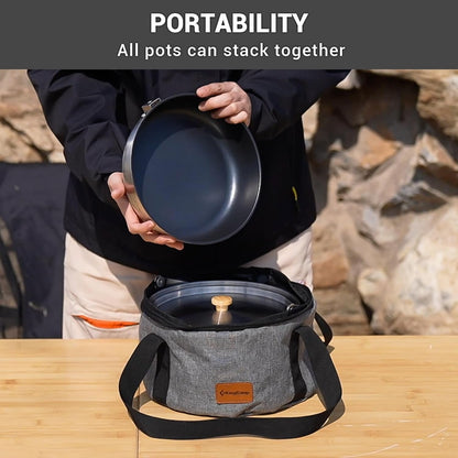 KingCamp Camping Cookware Set 304 Stainless Steel Campfire Cooking Pots Pan and Kettle with Travel Tote Bag for Camping Outdoor Kitchen Cooking Picnic for 4-6