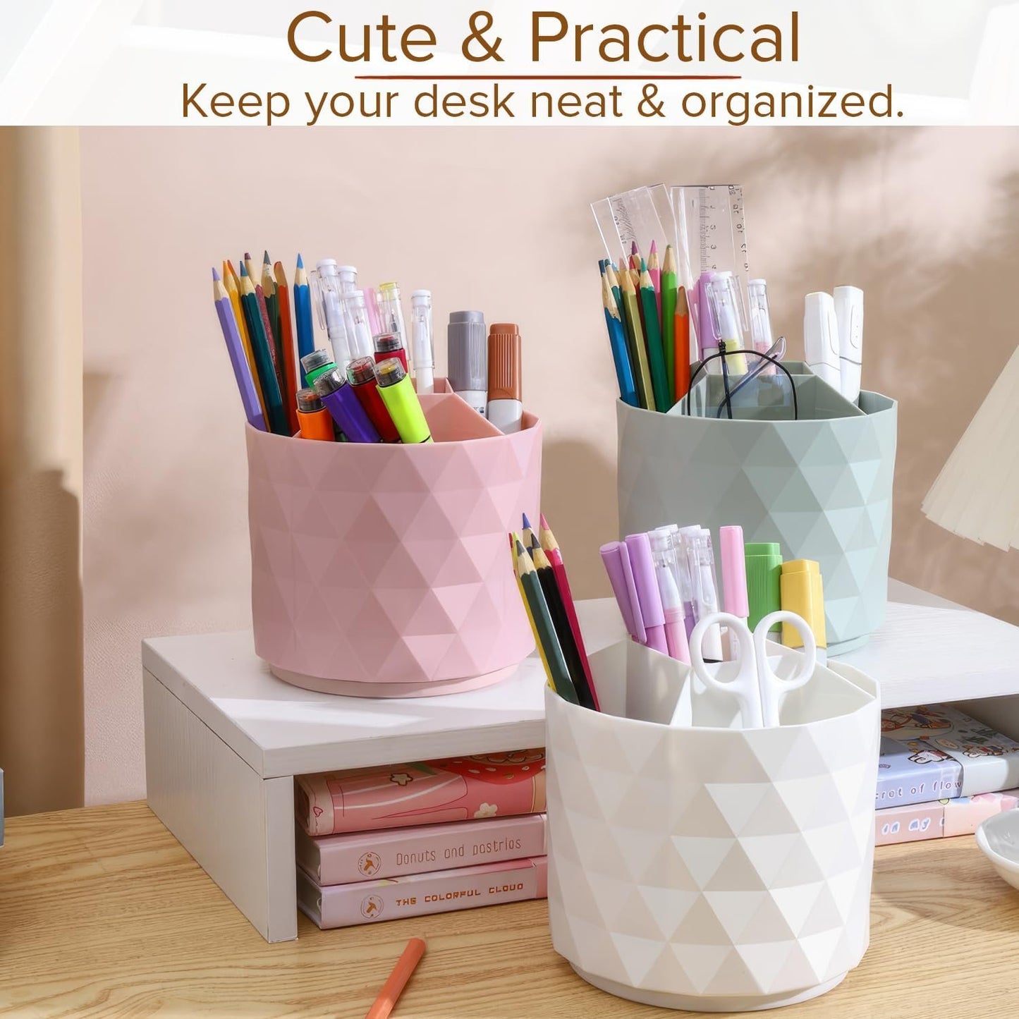 Desk Organizer, 360° Rotation Pen Holder 5 Slots Desk Pen Organizer for Office, School, Home, Art Supply, Cute Desktop Supplies & Accessories (White)