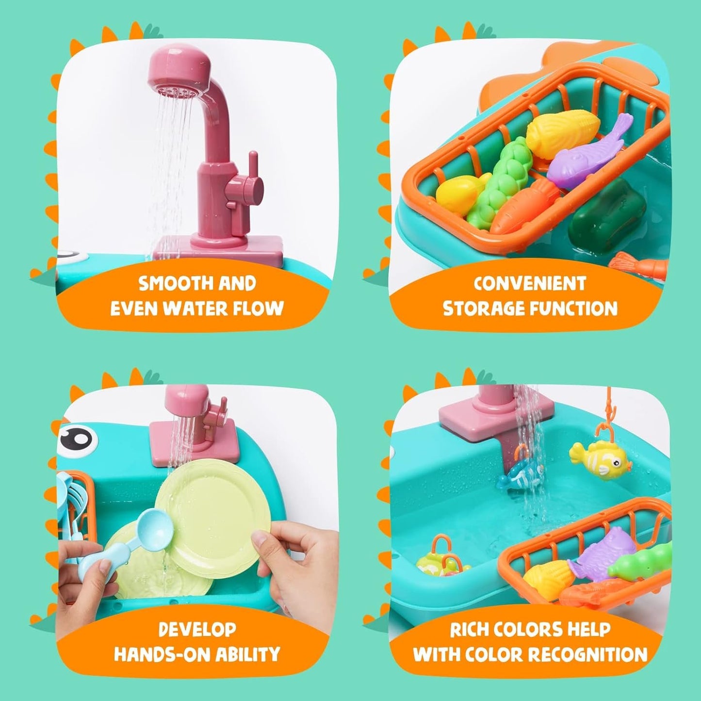 Kitchen Sink Toy with Running Water Dishwasher Play Kitchen Accessories with Automatic Water Circulation Tableware Accessories Vegetable Fruit Fishing Games Gift for Girls and Boys（Green）