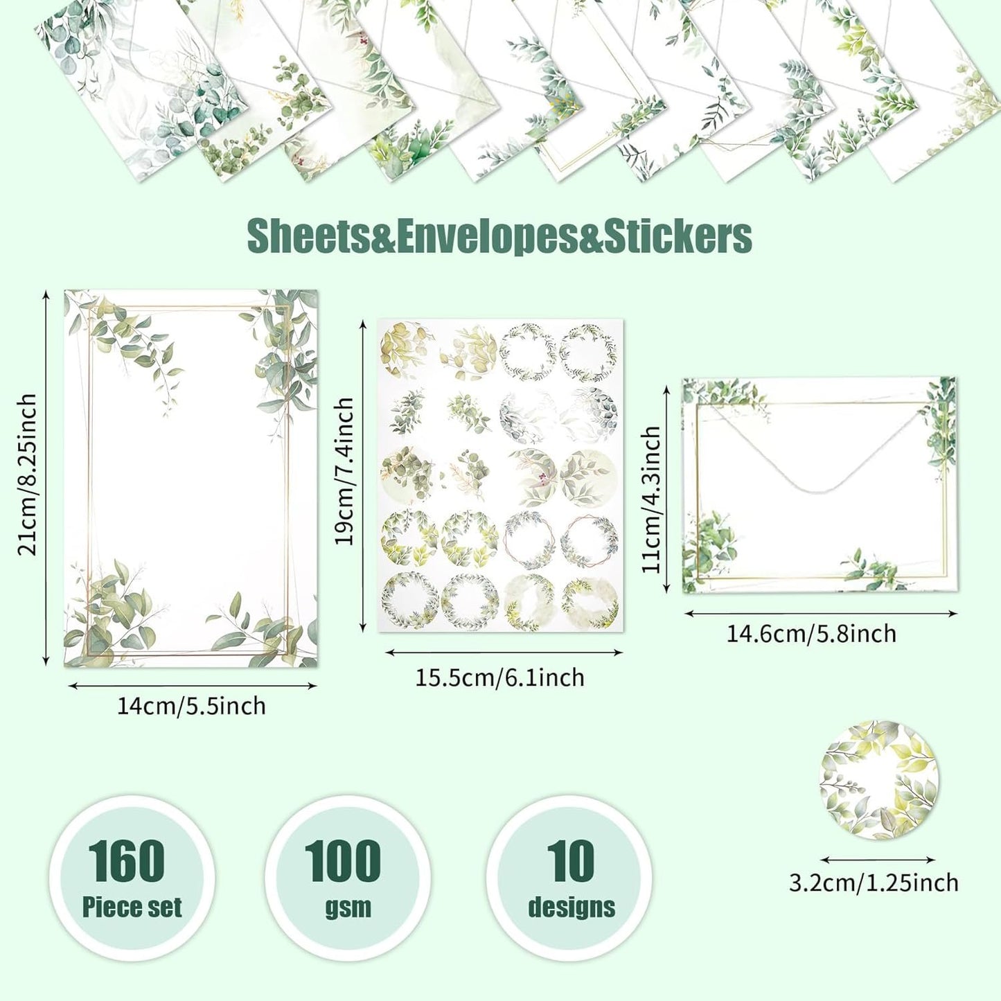 RAORAOYUE 160 Pcs Eucalyptus Stationery Paper Set, 50 Stationary Paper 50 Envelopes 60 Round Dot Sticker