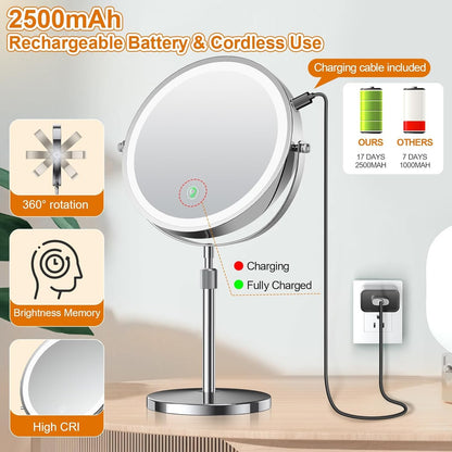 Lighted Makeup Mirror with Height Adjustable, 9” Rechargeable LED Magnifying Mirror with 3 Dimmable Colors, 1X 10X Double Sided Vanity Mirror with Lights, 360° Rotation Touch Screen Makeup Mirror