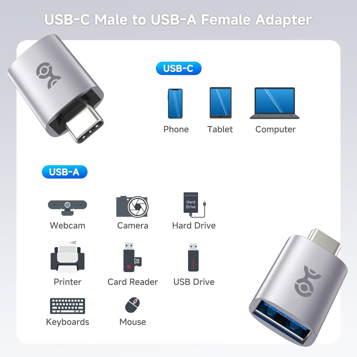 Cable Matters 2-Pack 10Gbps USB C to USB Adapter, USB-C Male to USB-A Female Adapter for High-Speed Data Transferring & Fast Charging, Reversible USB-C Port