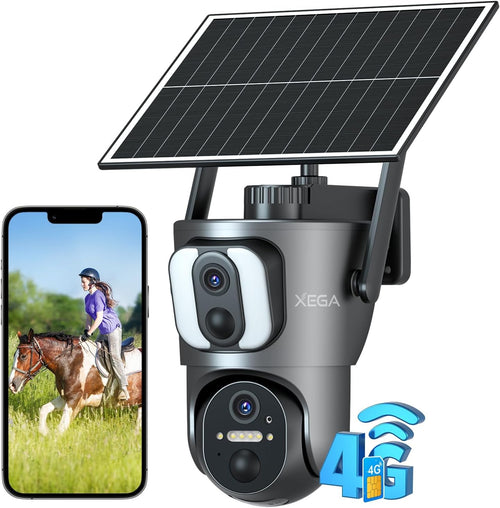 Xega 4Gã€Dual Lensã€‘ Security Camera Outdoor with SIM Card, 14400mAh Solar Powered Wireless No WiFi Security Camera, 2K HD PTZ CCTV with Human Detection Spotlight Siren Alert TF Cloud Storage IP66