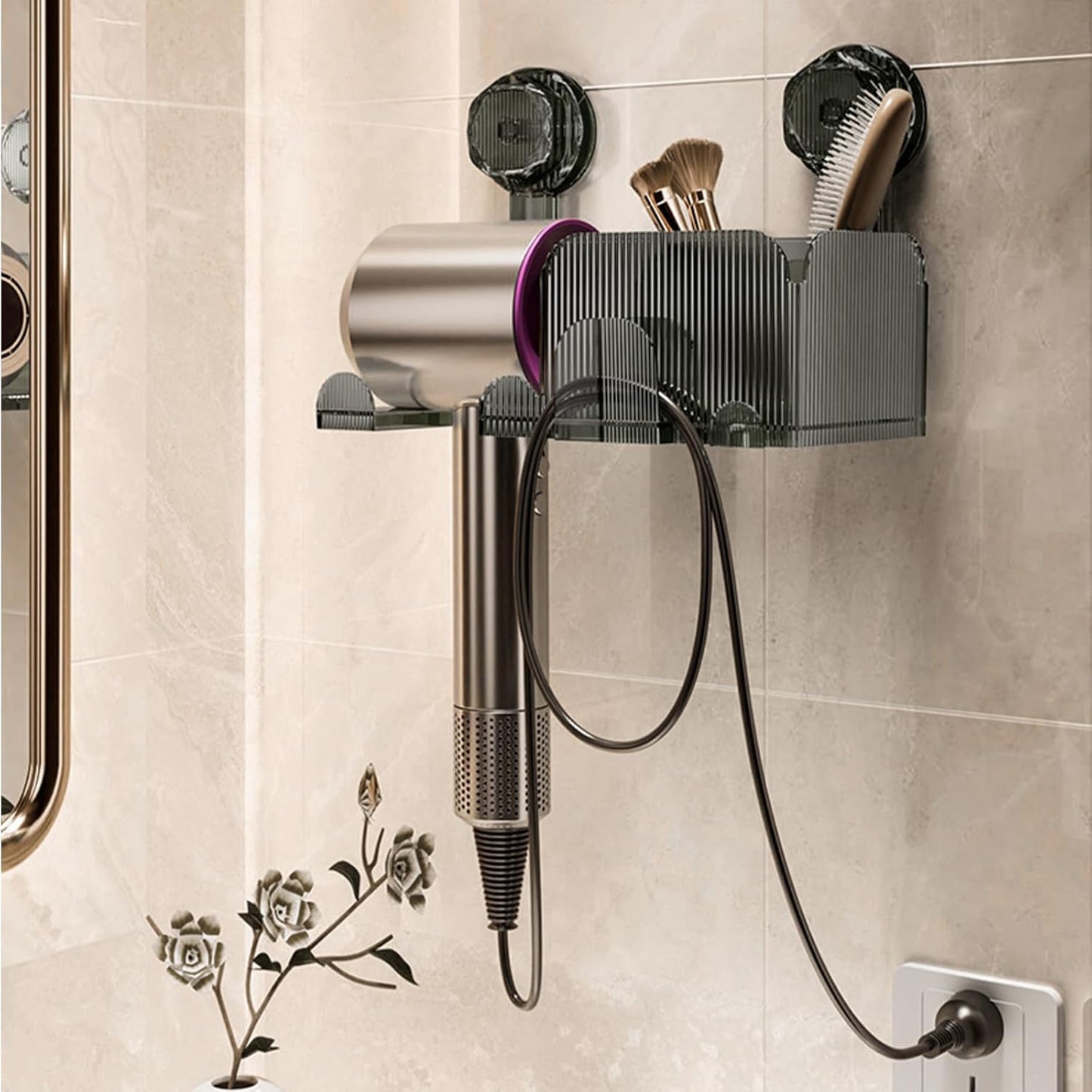 Hair Dryer Holder, Suction Hairdryer Holder Station Wall Mounted Hair Dryer Rack Without Drilling, Suction Cup Hair Dryer Stand Hair Styling Care Tool Organizer for Hair Dryer and Sundries Storage
