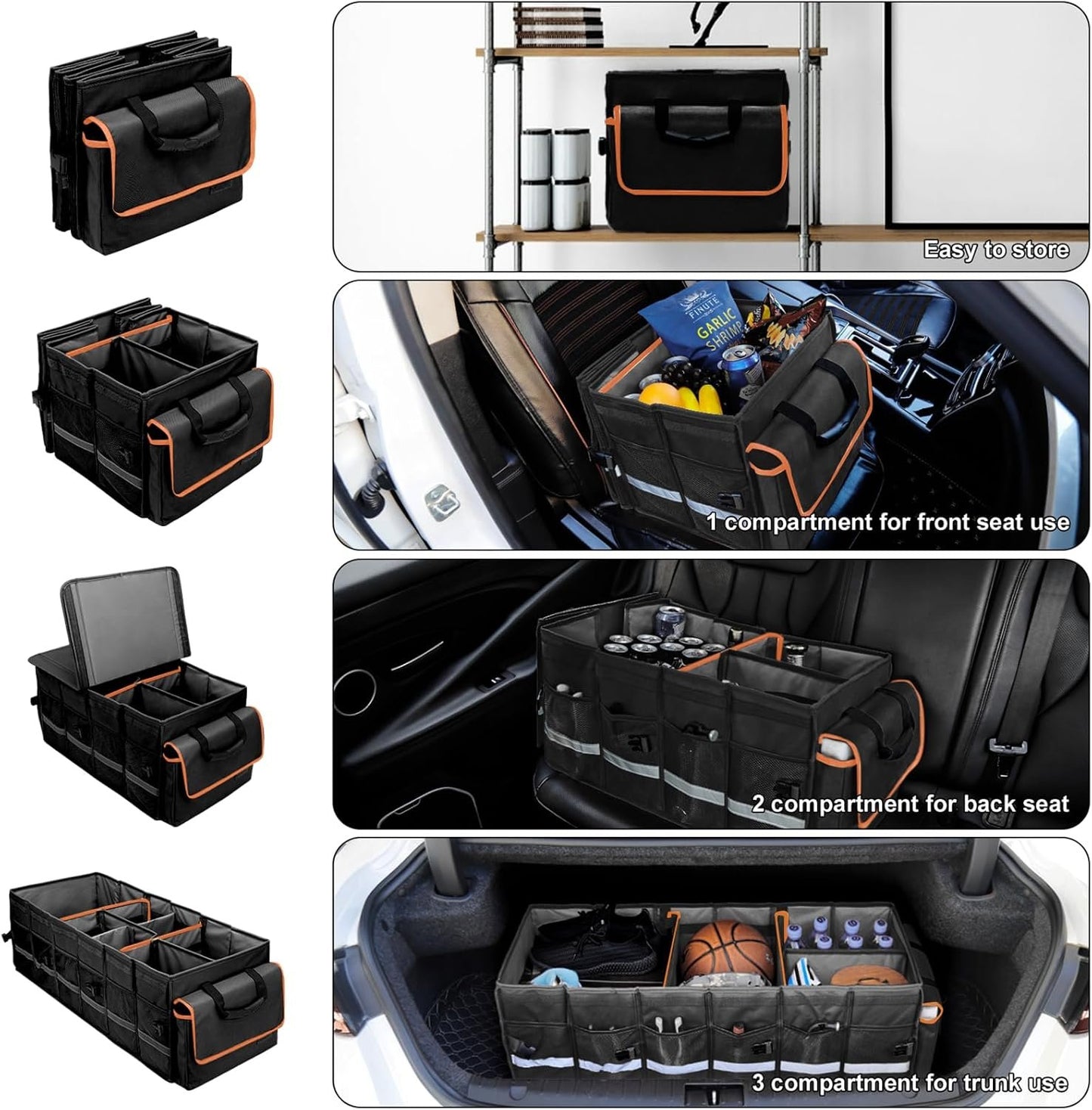 Car Trunk Organizer and Storage with Removable Leakproof Cooler Bag, 6 Removable Dividers for Custom Space, Collapsible Trunk Storage with Non Slip Bottom, Foldable Cover. And 3 Year Warranty