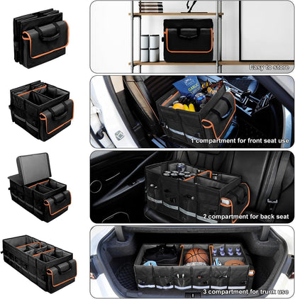 Car Trunk Organizer and Storage with Removable Leakproof Cooler Bag, 6 Removable Dividers for Custom Space, Collapsible Trunk Storage with Non Slip Bottom, Foldable Cover. And 3 Year Warranty