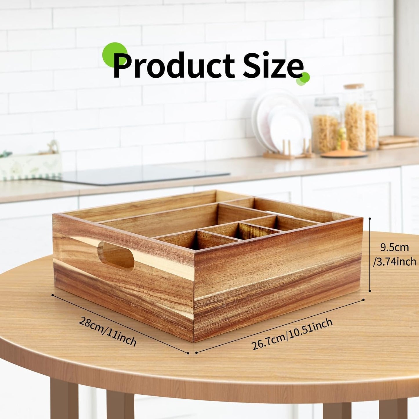 Acacia Wood Utensil Holder with 6 Compartments Wooden Utensil Organizer for Counter, Spoon Plate Cup Holder for Kitchen, Party, Camping