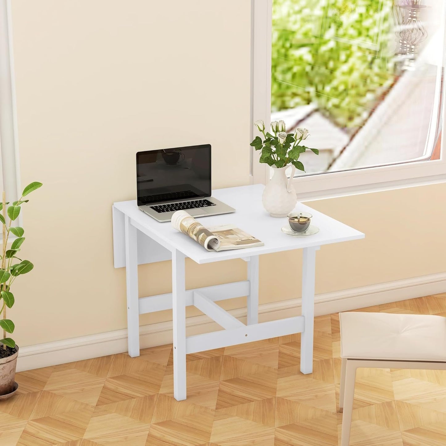 HOMCOM Foldable Solid Wood Dining Table, Drop Leaf Table for Small Spaces, Folding Table for Kitchen, Dining Room, White